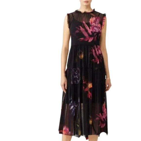 Fuzzi Bloom Midi Dress in Black Floral EUC Size Medium - Picture 1 of 3